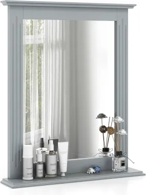 Tangkula Bathroom Wall Mirror with Shelf, Square Makeup Mirror Wall Hanging Mirror, Vanity Mirror for Dressing Room Washroom Bedroom, Modern Concise Wall Mounted Mirror (Grey)