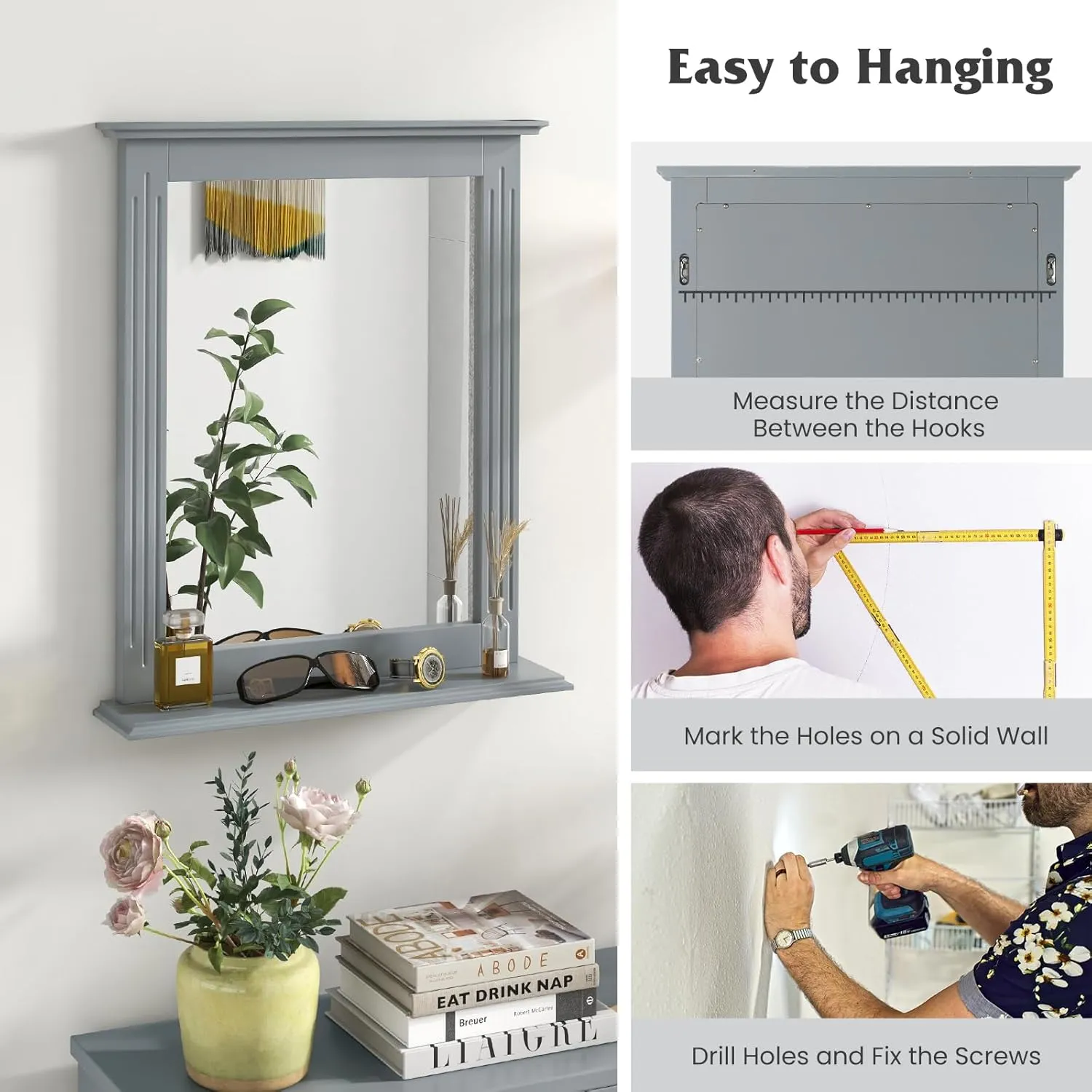 Tangkula Bathroom Wall Mirror with Shelf, Square Makeup Mirror Wall Hanging Mirror, Vanity Mirror for Dressing Room Washroom Bedroom, Modern Concise Wall Mounted Mirror (Grey)