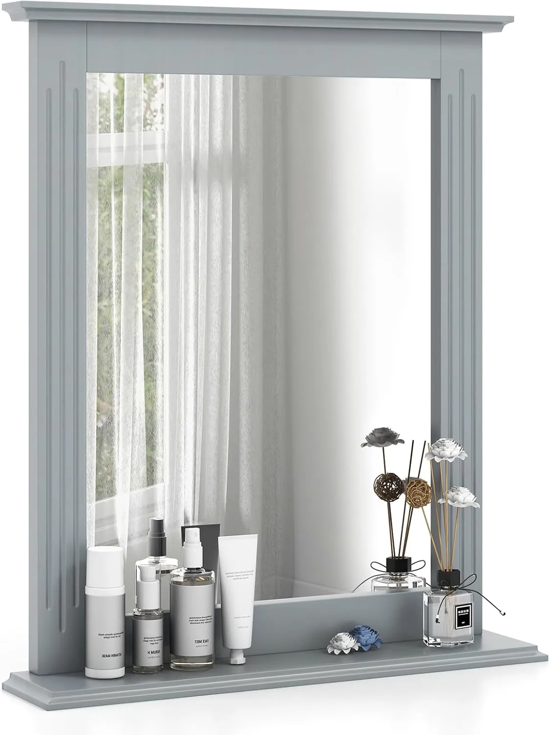 Tangkula Bathroom Wall Mirror with Shelf, Square Makeup Mirror Wall Hanging Mirror, Vanity Mirror for Dressing Room Washroom Bedroom, Modern Concise Wall Mounted Mirror (Grey)