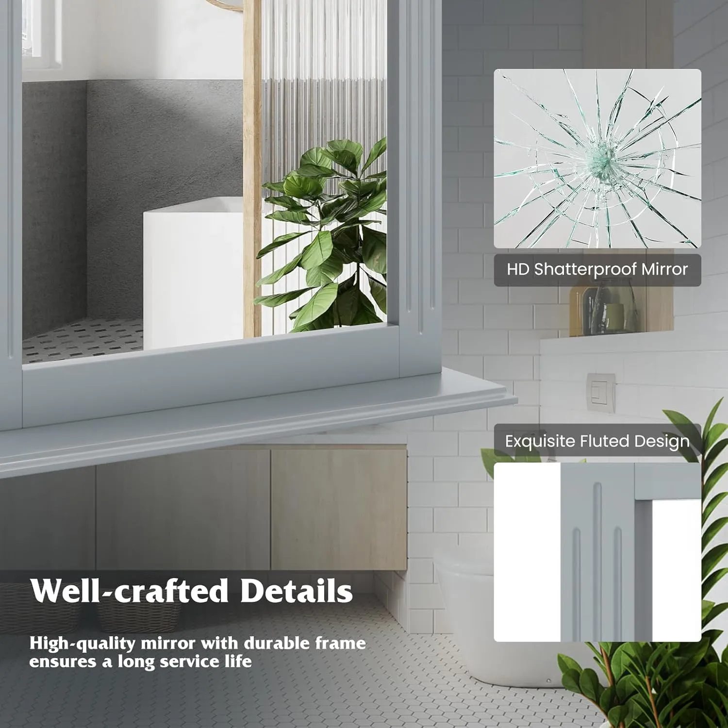 Tangkula Bathroom Wall Mirror with Shelf, Square Makeup Mirror Wall Hanging Mirror, Vanity Mirror for Dressing Room Washroom Bedroom, Modern Concise Wall Mounted Mirror (Grey)