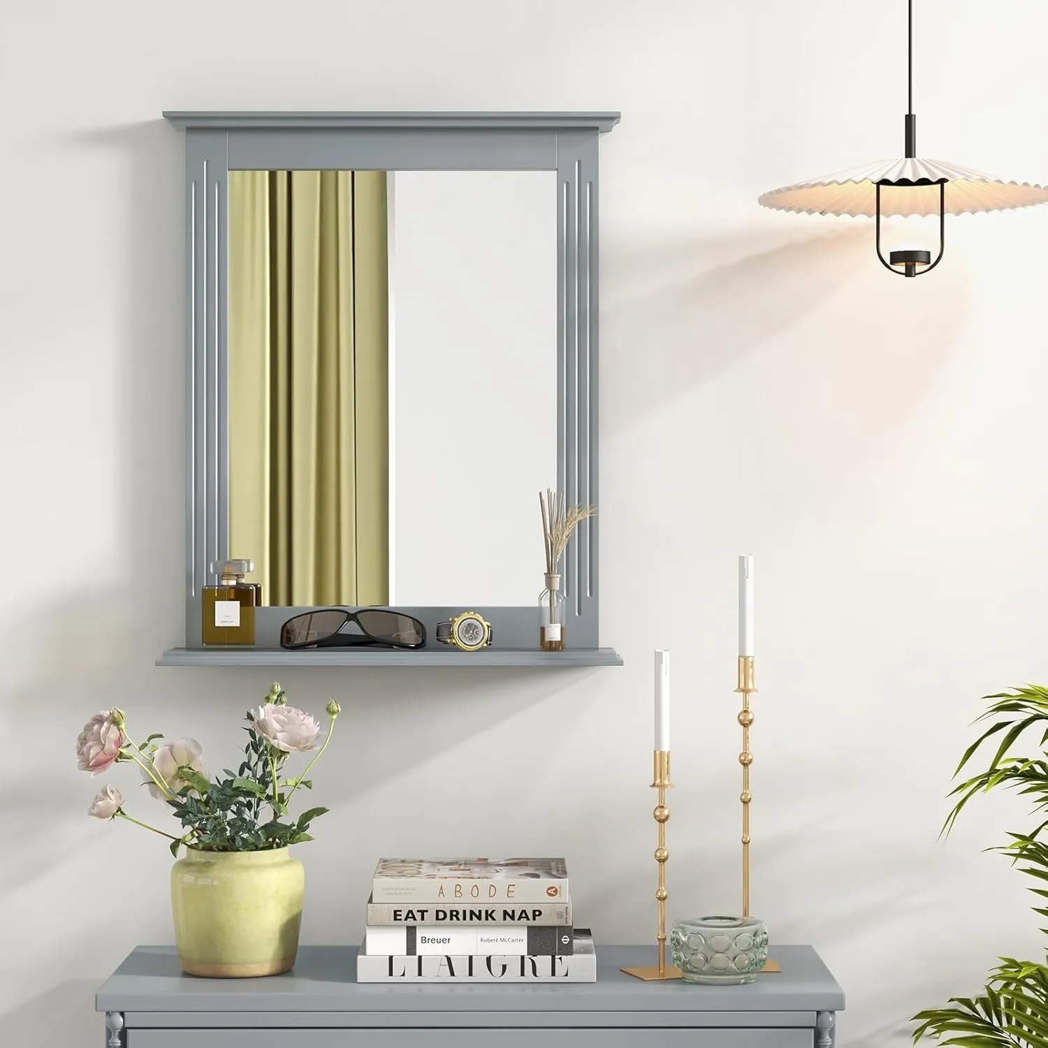 Tangkula Bathroom Wall Mirror with Shelf, Square Makeup Mirror Wall Hanging Mirror, Vanity Mirror for Dressing Room Washroom Bedroom, Modern Concise Wall Mounted Mirror (Grey)
