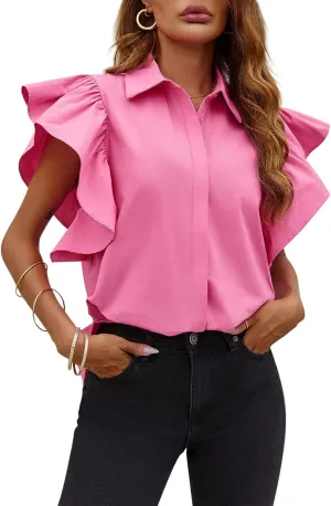 Tankaneo Womens Ruffle Button Down Shirts Cute Summer Short Sleeve Tops Blouse