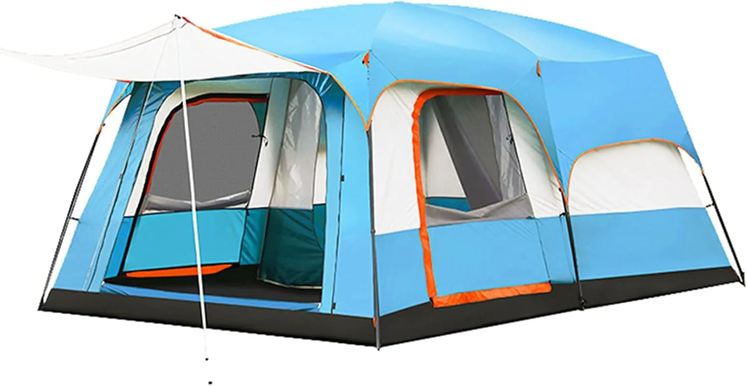 Tarpaulin Shade Cloth Rainproof Cloth Tent Fully Automatic Waterproof Camping 5-8 People Two Rooms Family Tent Backpack Tent Easy to Install and Package (Color : Blue, Size : Large)