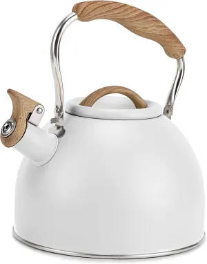 Tea Kettle, Vegoran 100 OZ / 3 Liter Whistling Tea Kettle, Tea Pots for Stove Top Food Grade Stainless Steel with Wood Pattern Folding Handle, Loud Whistle Kettle for Tea, Coffee, Milk (White)