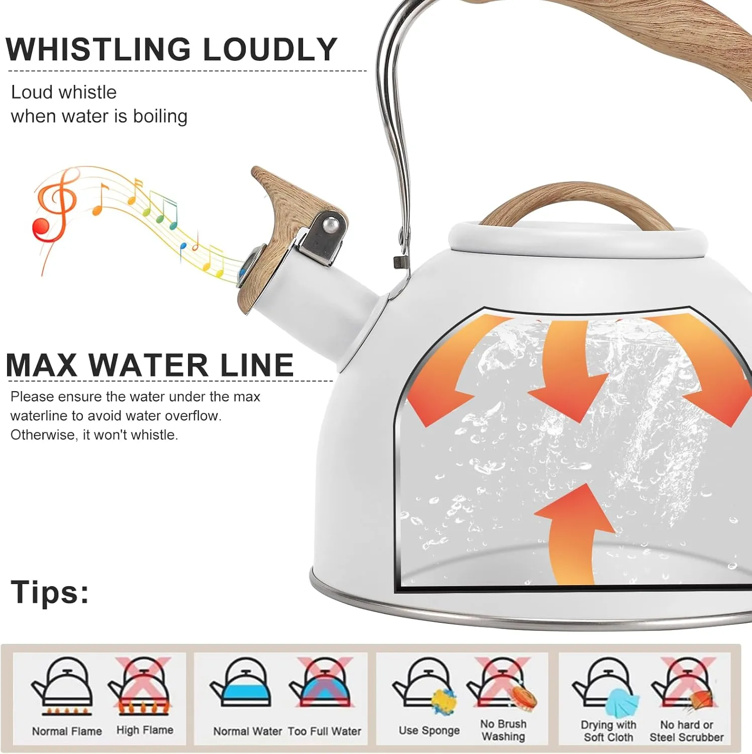 Tea Kettle, Vegoran 100 OZ / 3 Liter Whistling Tea Kettle, Tea Pots for Stove Top Food Grade Stainless Steel with Wood Pattern Folding Handle, Loud Whistle Kettle for Tea, Coffee, Milk (White)