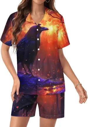 The American Crow Women's Satin Pajama Set Short Sleeve Button Down Sleepwear Loungewear Pj Set