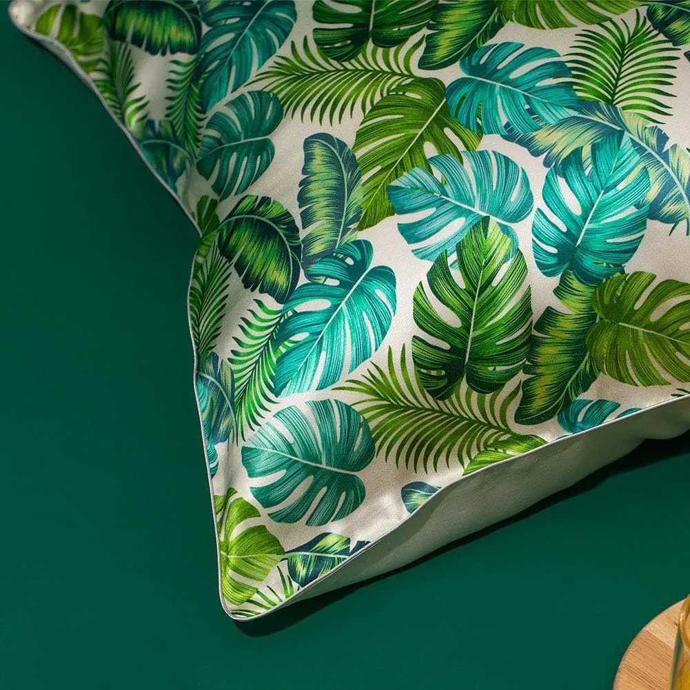 THXSILK Silk Pillowcase for Hair and Skin, 100% Mulberry Silk with Hidden Zipper, 19 Momme Soft and Smooth, Monstera Print Pillow Cover, Twin