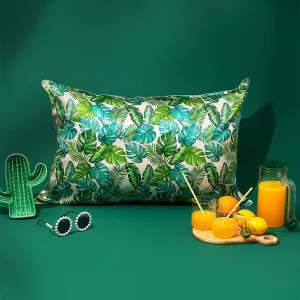 THXSILK Silk Pillowcase for Hair and Skin, 100% Mulberry Silk with Hidden Zipper, 19 Momme Soft and Smooth, Monstera Print Pillow Cover, Twin