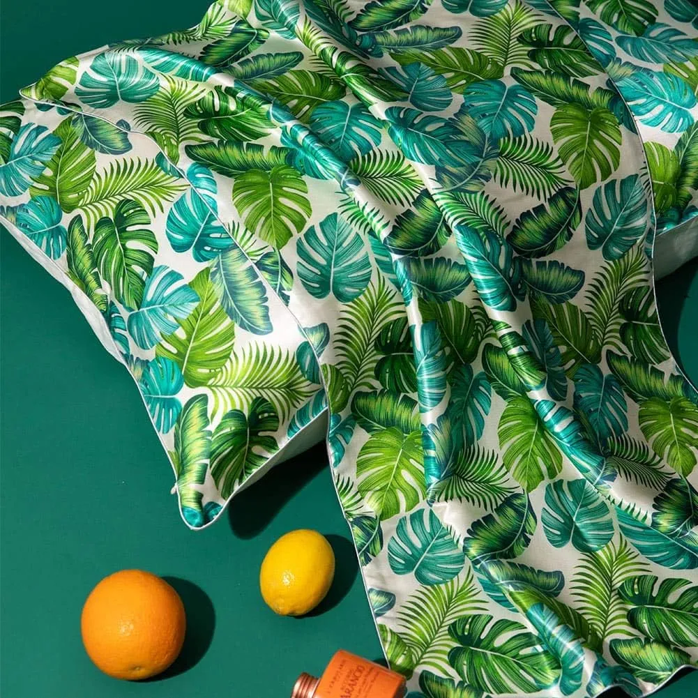 THXSILK Silk Pillowcase for Hair and Skin, 100% Mulberry Silk with Hidden Zipper, 19 Momme Soft and Smooth, Monstera Print Pillow Cover, Twin