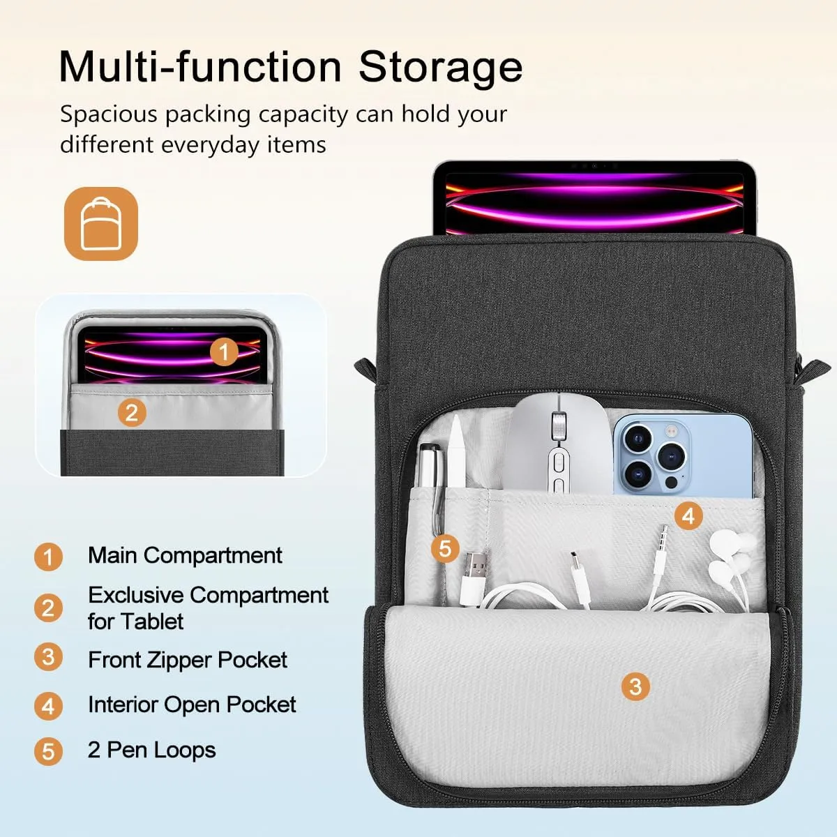 TiMOVO 13 Inch Tablet Sleeve Handbag with Shoulder Strap for iPad Air 13" M3 2025, iPad Pro 13", iPad Pro 12.9", Galaxy Tab S9 /S9 Plus/S10 /S10 Plus/S9 FE /S9 FE Plus 12.4", Black & Gray