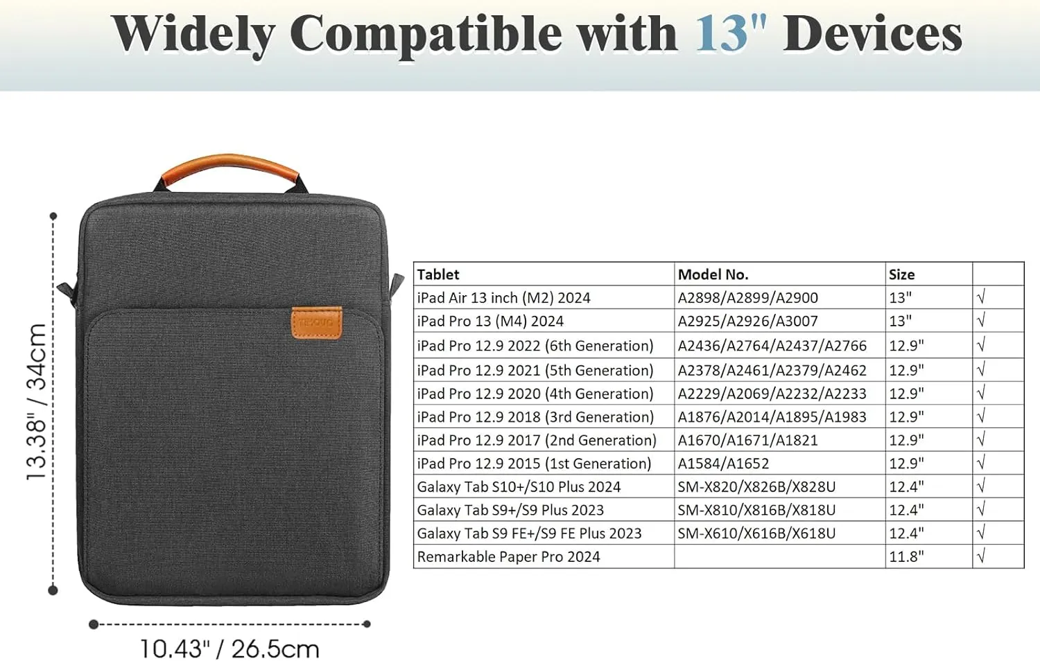 TiMOVO 13 Inch Tablet Sleeve Handbag with Shoulder Strap for iPad Air 13" M3 2025, iPad Pro 13", iPad Pro 12.9", Galaxy Tab S9 /S9 Plus/S10 /S10 Plus/S9 FE /S9 FE Plus 12.4", Black & Gray