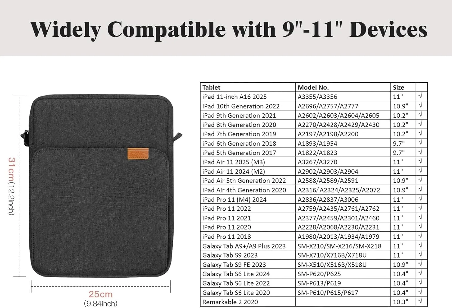 TiMOVO 9-11 Inch Tablet Sleeve Bag with Shoulder Strap for iPad 10th Gen. 10.9", iPad 9th/8th/7th Gen. 10.2", iPad Air 11/Air 5th/4th Gen. 10.9",Galaxy Tab A9 /A9 Plus 11", Black & Grey