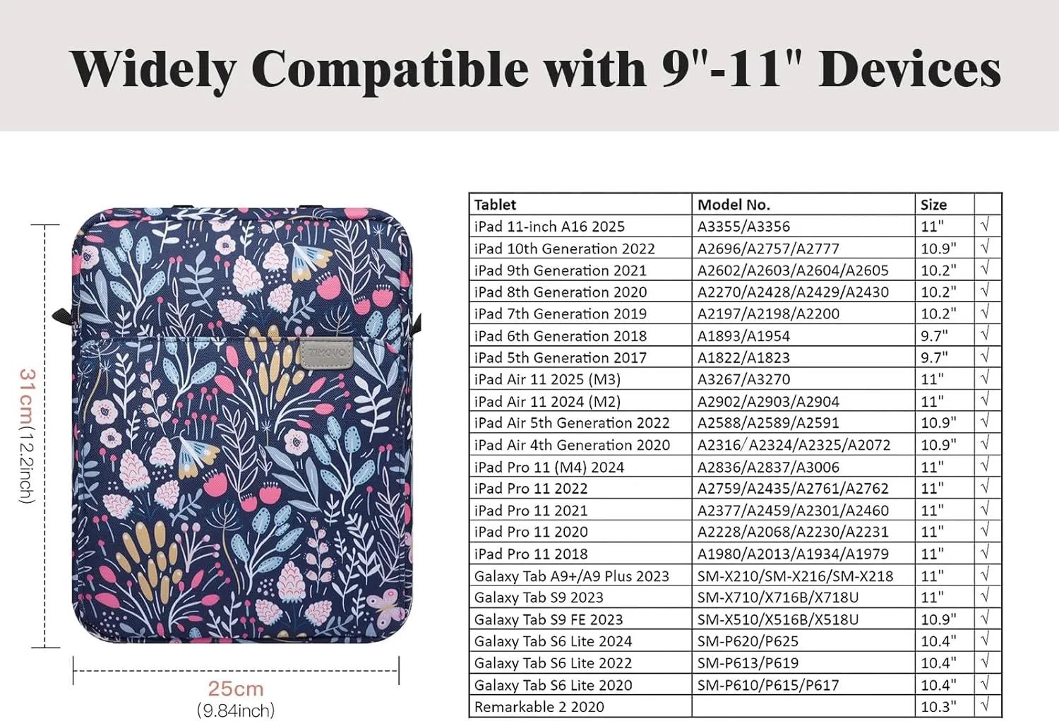 TiMOVO 9-11 Inch Tablet Sleeve Bag with Shoulder Strap for iPad 11-inch A16 2025, iPad 10th Gen. 10.9", iPad 10.2", iPad Air 11 Inch/5th/4th Gen. 10.9", Galaxy Tab A9 Plus 11", Colorful Flower