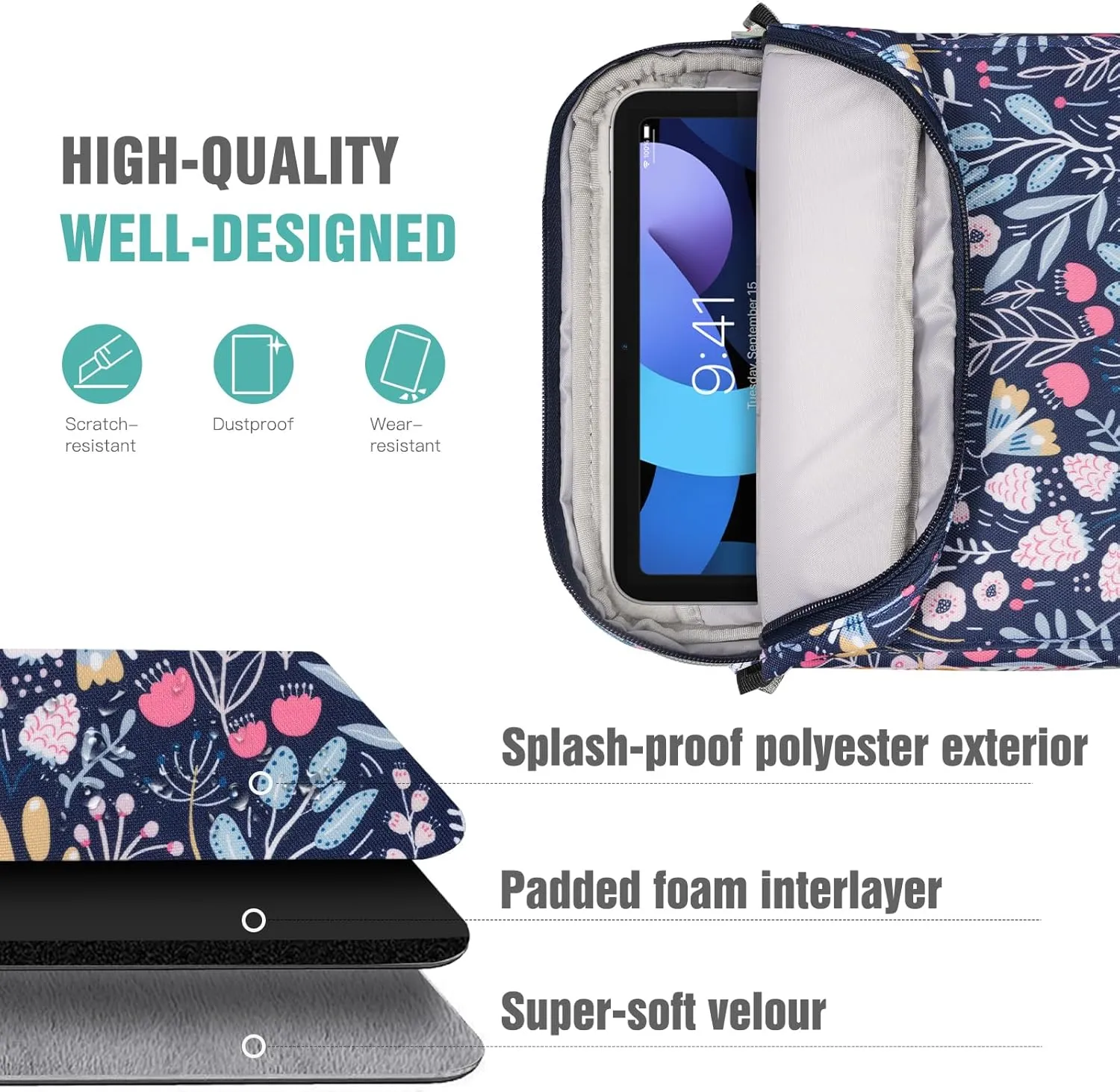 TiMOVO 9-11 Inch Tablet Sleeve Bag with Shoulder Strap for iPad 11-inch A16 2025, iPad 10th Gen. 10.9", iPad 10.2", iPad Air 11 Inch/5th/4th Gen. 10.9", Galaxy Tab A9 Plus 11", Colorful Flower