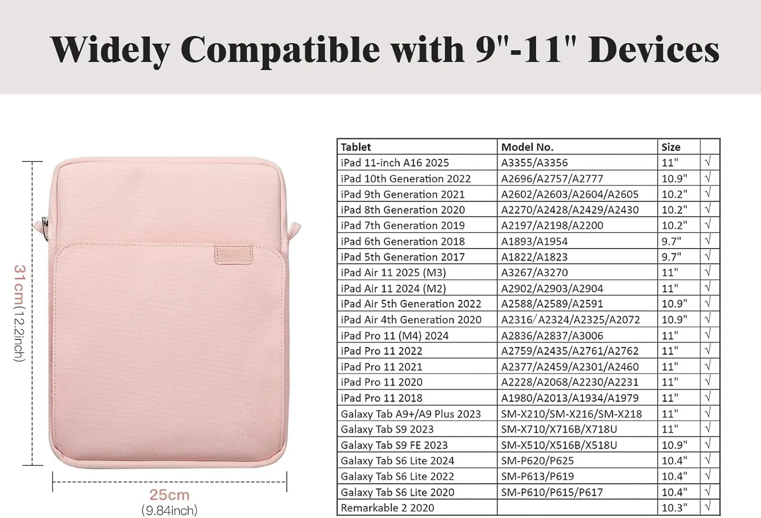 TiMOVO 9-11 Inch Tablet Sleeve Bag with Shoulder Strap for iPad 11-inch A16 2025, iPad 10th Gen. 10.9", iPad 9th/8th/7th Gen. 10.2", iPad Air 11/5th/4th Gen. 10.9", Galaxy Tab A9 Plus 11", Pink