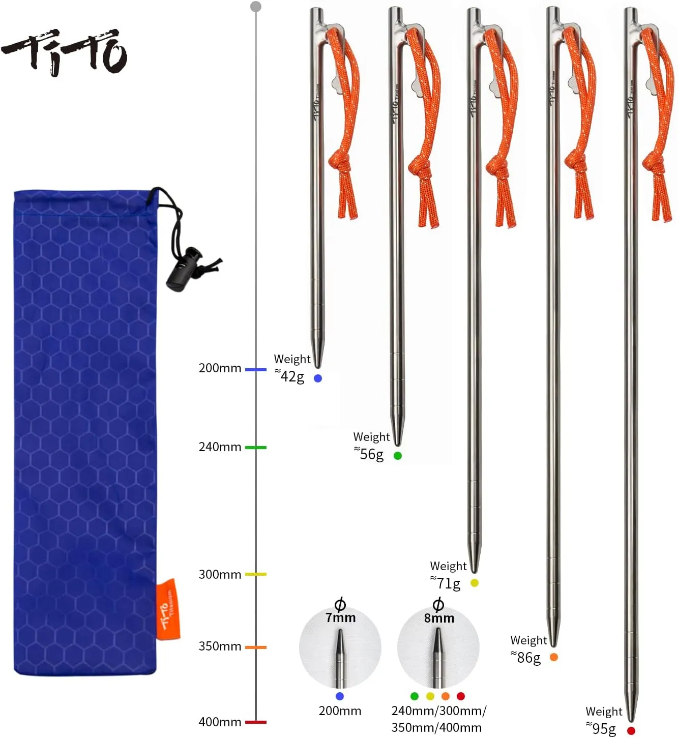 TiTo Titanium Tent Pegs Stakes Lightweight Snowfield Grassland Heavy Duty Tent Nails for Outdoor Camping Hiking and Plant Support Garden Stakes 4pcs/6pcs (8×300mm-4pcs)