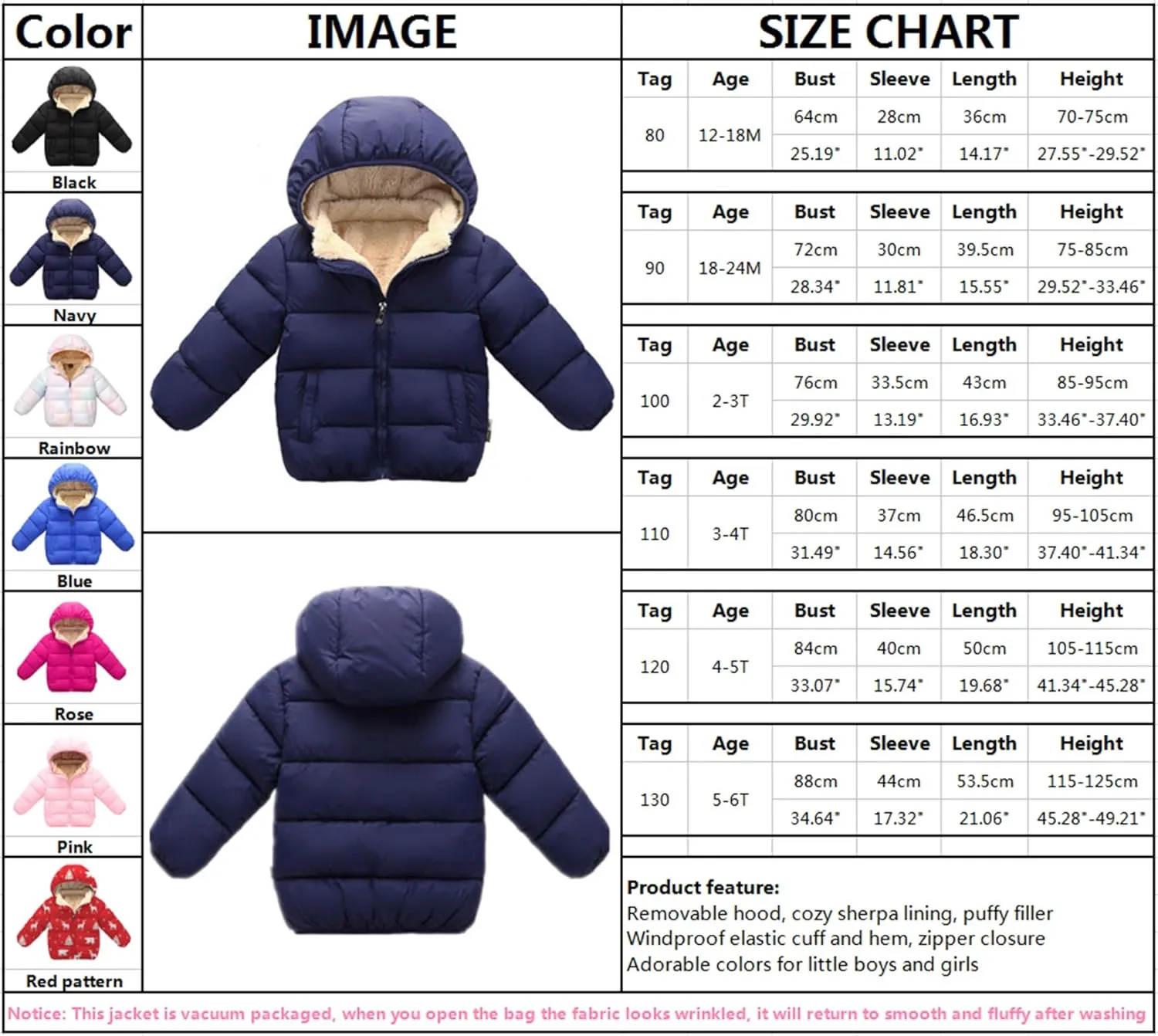 Toddler Baby Hooded Down Jacket Boys Girls Kids Thicken Warm Winter Coat Outerwear 1-7t