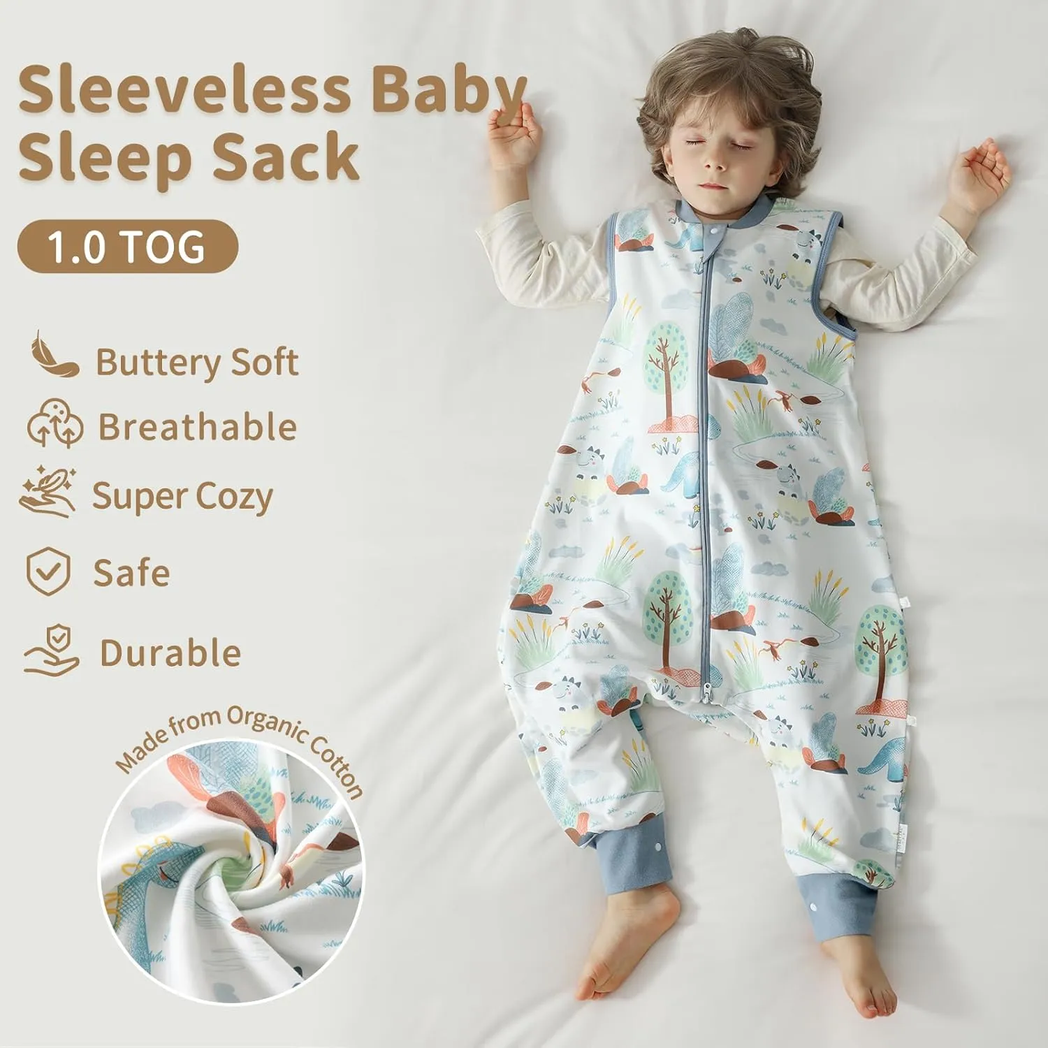 Toddler Sleep Sack with Feet 1t-2t, 1.0 TOG Thermostatic Infant Sleeping Sack with Legs, Soft Cotton Baby Wearable Blanket, 2-Way Zipper Baby Sleep Bag Walker for All Season