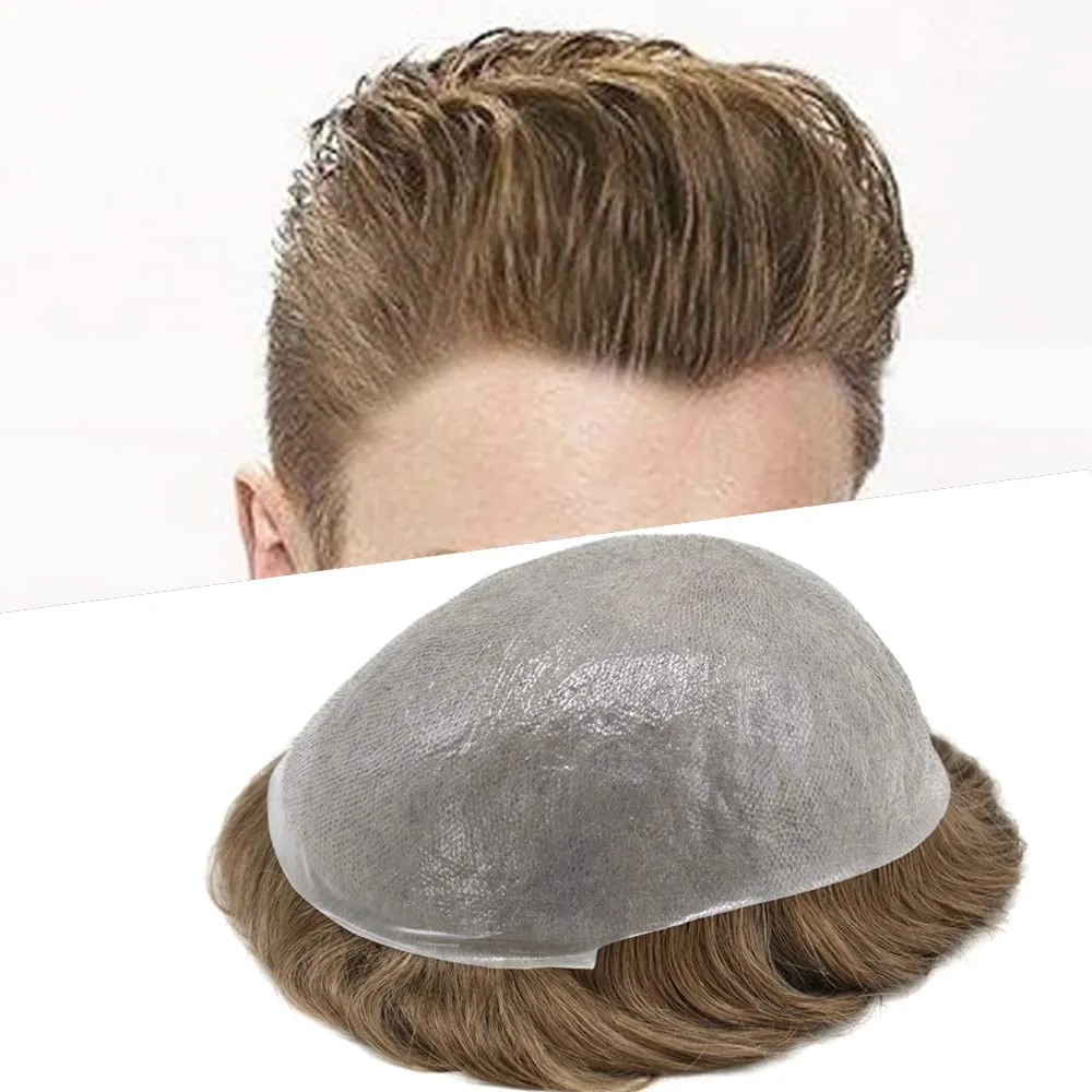 Toupee For Men Thin Skin 0.04MM Mens Toupee 100% European Human Hair System For Men V-loop Invisible Hairline Mens Hair Piece 7X9-90% light density#17 DARK ASH BLONDE