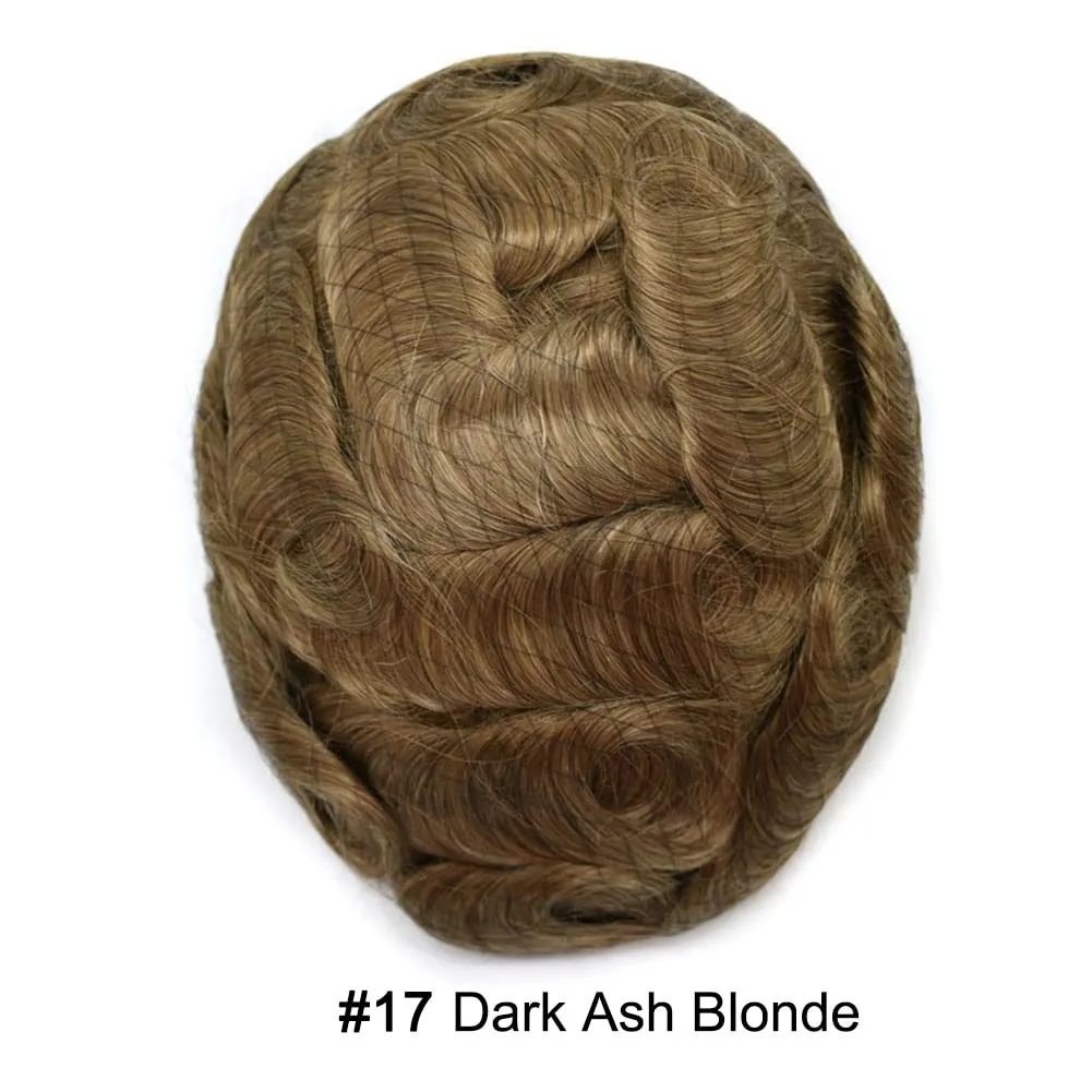 Toupee For Men Thin Skin 0.04MM Mens Toupee 100% European Human Hair System For Men V-loop Invisible Hairline Mens Hair Piece 7X9-90% light density#17 DARK ASH BLONDE