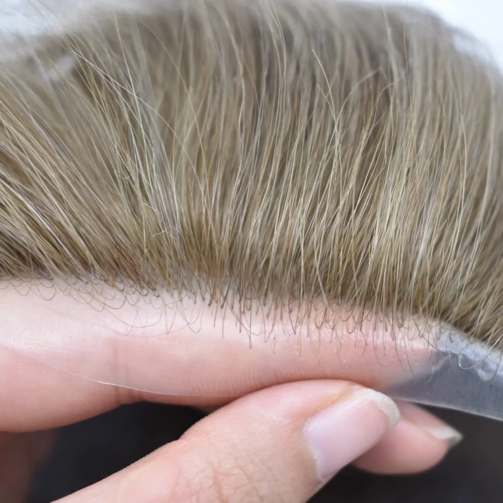 Toupee For Men Thin Skin 0.04MM Mens Toupee 100% European Human Hair System For Men V-loop Invisible Hairline Mens Hair Piece 7X9-90% light density#17 DARK ASH BLONDE