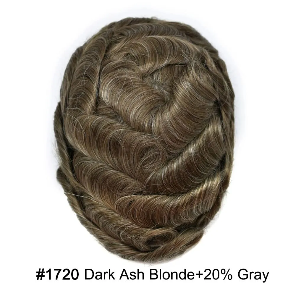 Toupee For Men Thin Skin 0.04MM Mens Toupee 100% European Human Hair System For Men V-loop Invisible Hairline Mens Hair Piece 7X9-90% light density#1720#17 DARK ASH BLONDE 20% GREY