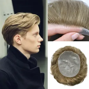 Toupee For Men Thin Skin 0.04MM Mens Toupee 100% European Human Hair System For Men V-loop Invisible Hairline Mens Hair Piece 7X9-90% light density#18 MEDIUM BLONDE