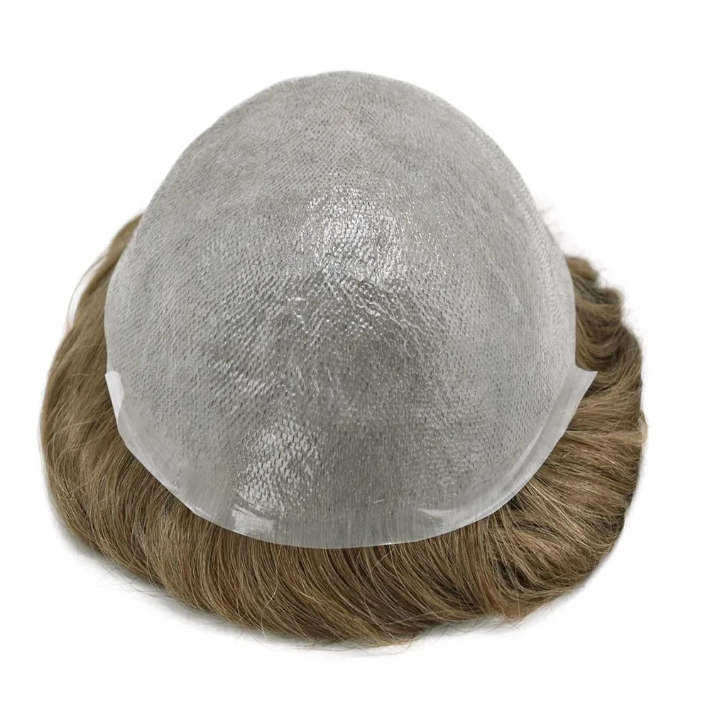 Toupee For Men Thin Skin 0.04MM Mens Toupee 100% European Human Hair System For Men V-loop Invisible Hairline Mens Hair Piece 7X9-90% light density#18 MEDIUM BLONDE