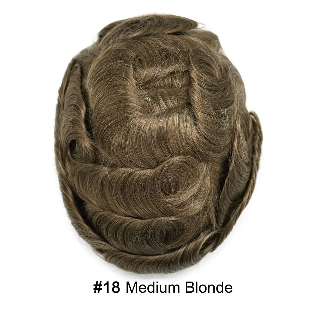 Toupee For Men Thin Skin 0.04MM Mens Toupee 100% European Human Hair System For Men V-loop Invisible Hairline Mens Hair Piece 7X9-90% light density#18 MEDIUM BLONDE
