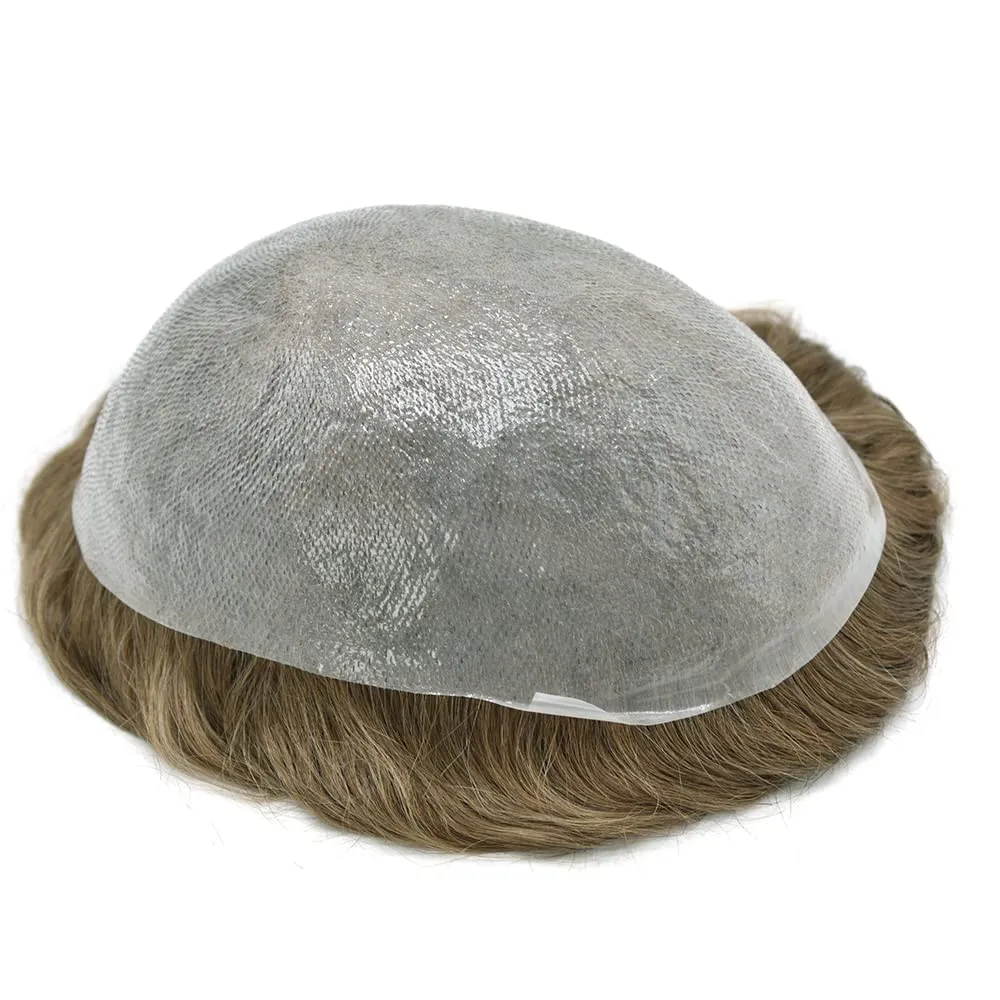 Toupee For Men Thin Skin 0.04MM Mens Toupee 100% European Human Hair System For Men V-loop Invisible Hairline Mens Hair Piece 7X9-90% light density#18 MEDIUM BLONDE