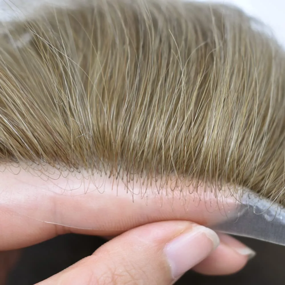 Toupee For Men Thin Skin 0.04MM Mens Toupee 100% European Human Hair System For Men V-loop Invisible Hairline Mens Hair Piece 7X9-90% light density#18 MEDIUM BLONDE