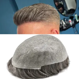 Toupee For Men Thin Skin 0.04MM Mens Toupee 100% European Human Hair System For Men V-loop Invisible Hairline Mens Hair Piece 7X9-90% light density#365#3 DARK BROWN 65% GREY