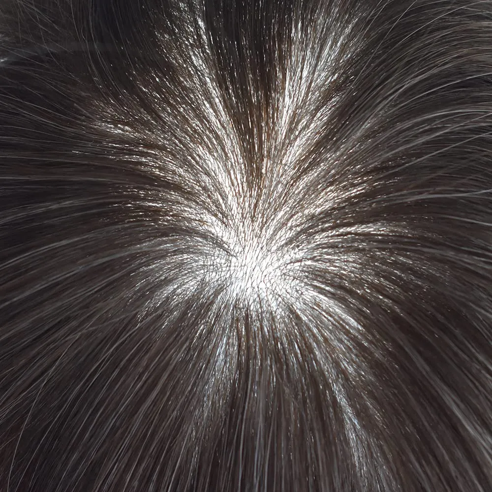 Toupee For Men Thin Skin 0.04MM Mens Toupee 100% European Human Hair System For Men V-loop Invisible Hairline Mens Hair Piece 7X9-90% light density#365#3 DARK BROWN 65% GREY
