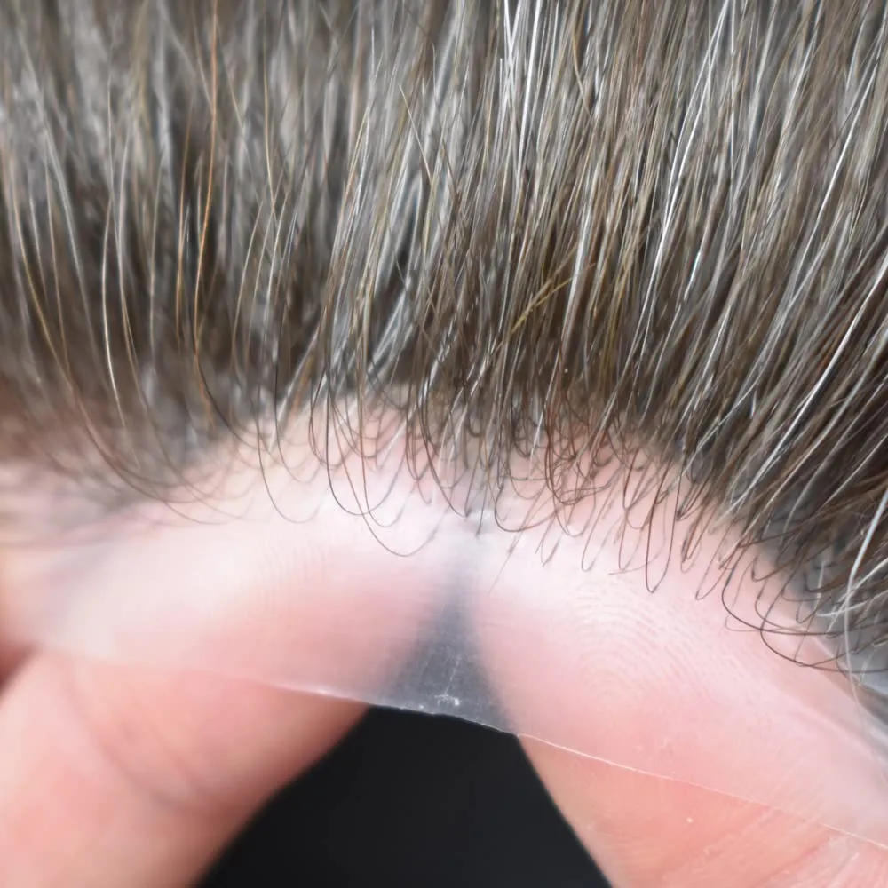 Toupee For Men Thin Skin 0.04MM Mens Toupee 100% European Human Hair System For Men V-loop Invisible Hairline Mens Hair Piece 7X9-90% light density#365#3 DARK BROWN 65% GREY