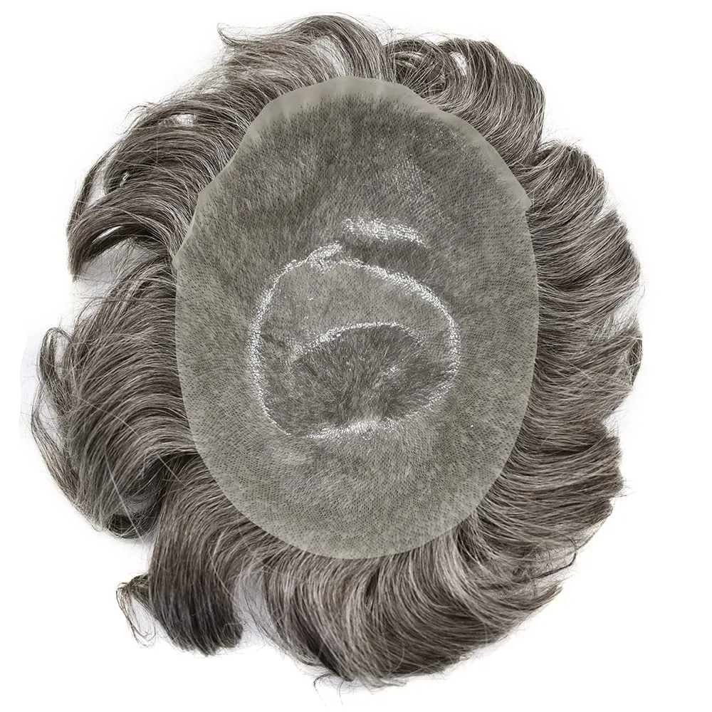Toupee For Men Thin Skin 0.04MM Mens Toupee 100% European Human Hair System For Men V-loop Invisible Hairline Mens Hair Piece 7X9-90% light density#365#3 DARK BROWN 65% GREY