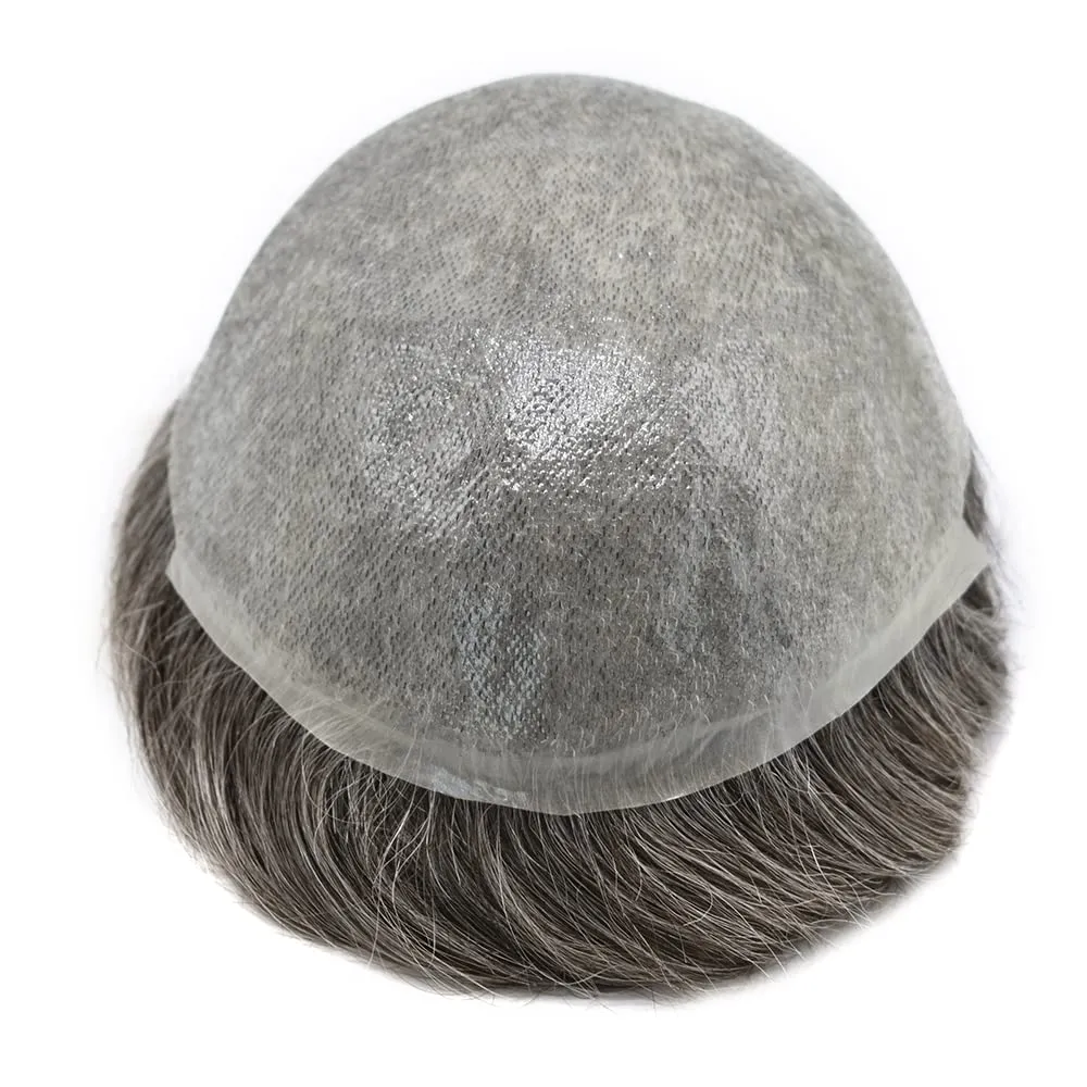 Toupee For Men Thin Skin 0.04MM Mens Toupee 100% European Human Hair System For Men V-loop Invisible Hairline Mens Hair Piece 7X9-90% light density#365#3 DARK BROWN 65% GREY