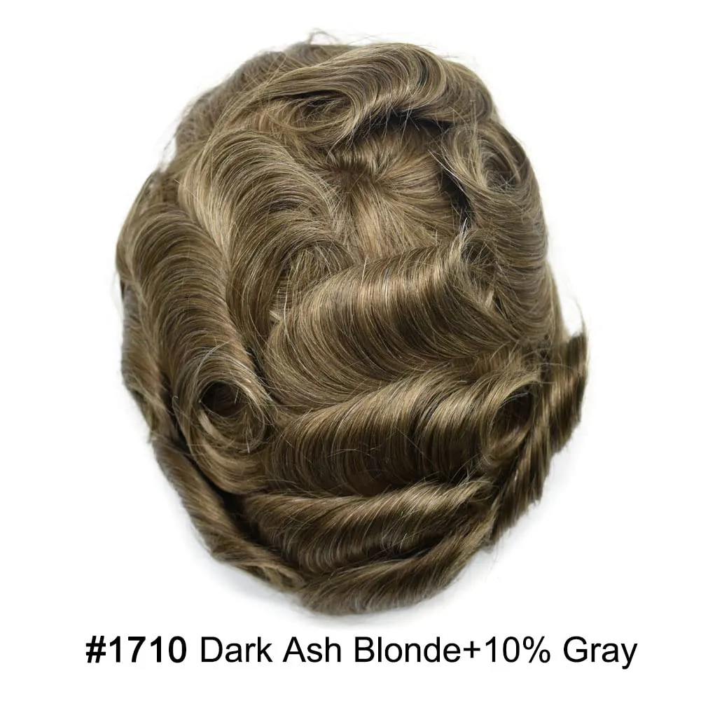Toupee For Men Thin Skin 0.04MM Mens Toupee 100% European Human Hair System For Men V-loop Invisible Hairline Mens Hair Piece 8X10-80% light density#1710#17 DARK ASH BLONDE 10% GREY