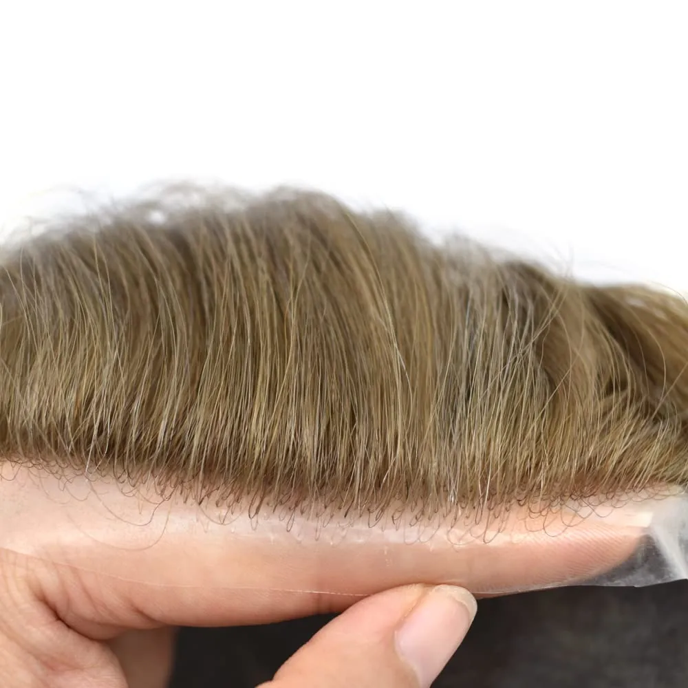 Toupee For Men Thin Skin 0.04MM Mens Toupee 100% European Human Hair System For Men V-loop Invisible Hairline Mens Hair Piece 8X10-80% light density#1710#17 DARK ASH BLONDE 10% GREY