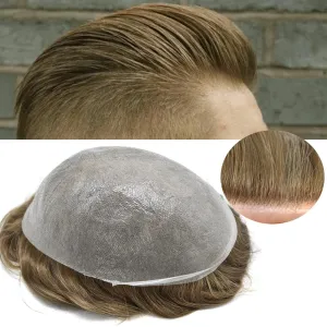 Toupee For Men Thin Skin 0.04MM Mens Toupee 100% European Human Hair System For Men V-loop Invisible Hairline Mens Hair Piece 8X10-80% light density#1710#17 DARK ASH BLONDE 10% GREY