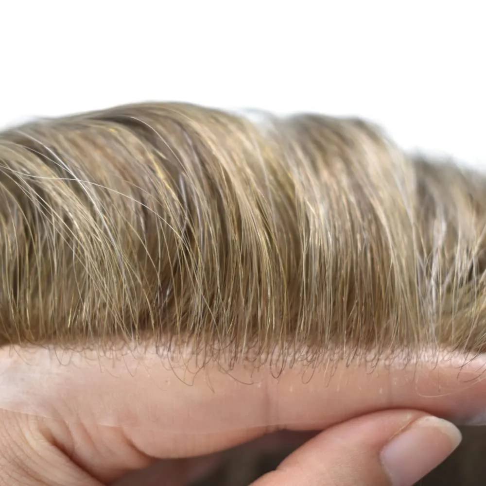Toupee For Men Thin Skin 0.04MM Mens Toupee 100% European Human Hair System For Men V-loop Invisible Hairline Mens Hair Piece 8X10-80% light density#1810#18 MEDIUM BLONDE 10% GREY