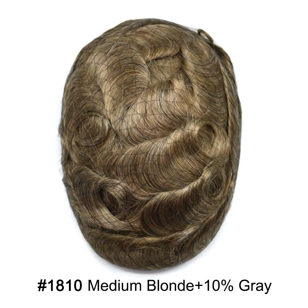 Toupee For Men Thin Skin 0.04MM Mens Toupee 100% European Human Hair System For Men V-loop Invisible Hairline Mens Hair Piece 8X10-80% light density#1810#18 MEDIUM BLONDE 10% GREY