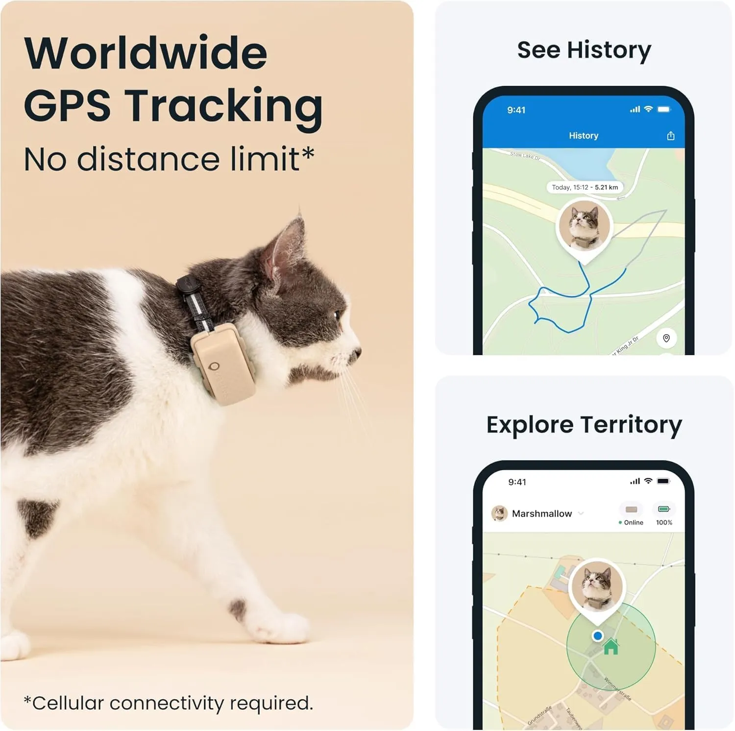 Tractive GPS Cat Tracker (6.5 lbs ), Real-time Pet Location Tracker, Health & Wellness Alerts, Battery Life Up to 7 Days, Breakaway Cat Collar Included (Brown)