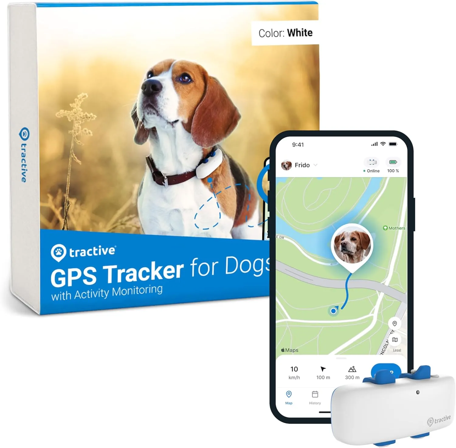 Tractive GPS Dog Tracker | Real-time Pet Location Tracker | Health & Wellness Alerts | Virtual Fence for Dogs | Dog Collar Attachment (White)