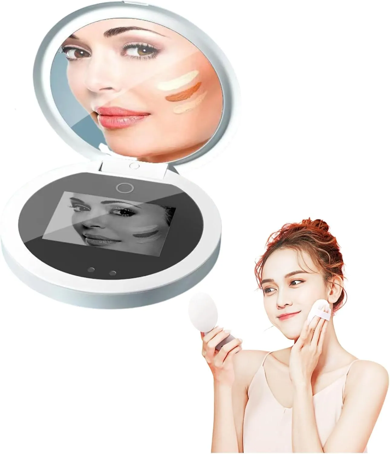 Travel Compact Mirror with Camera for Sunscreen Test, 3.5 in Pocket Led Light Makeup Mirror, 2X Magnifying Travel Mirror