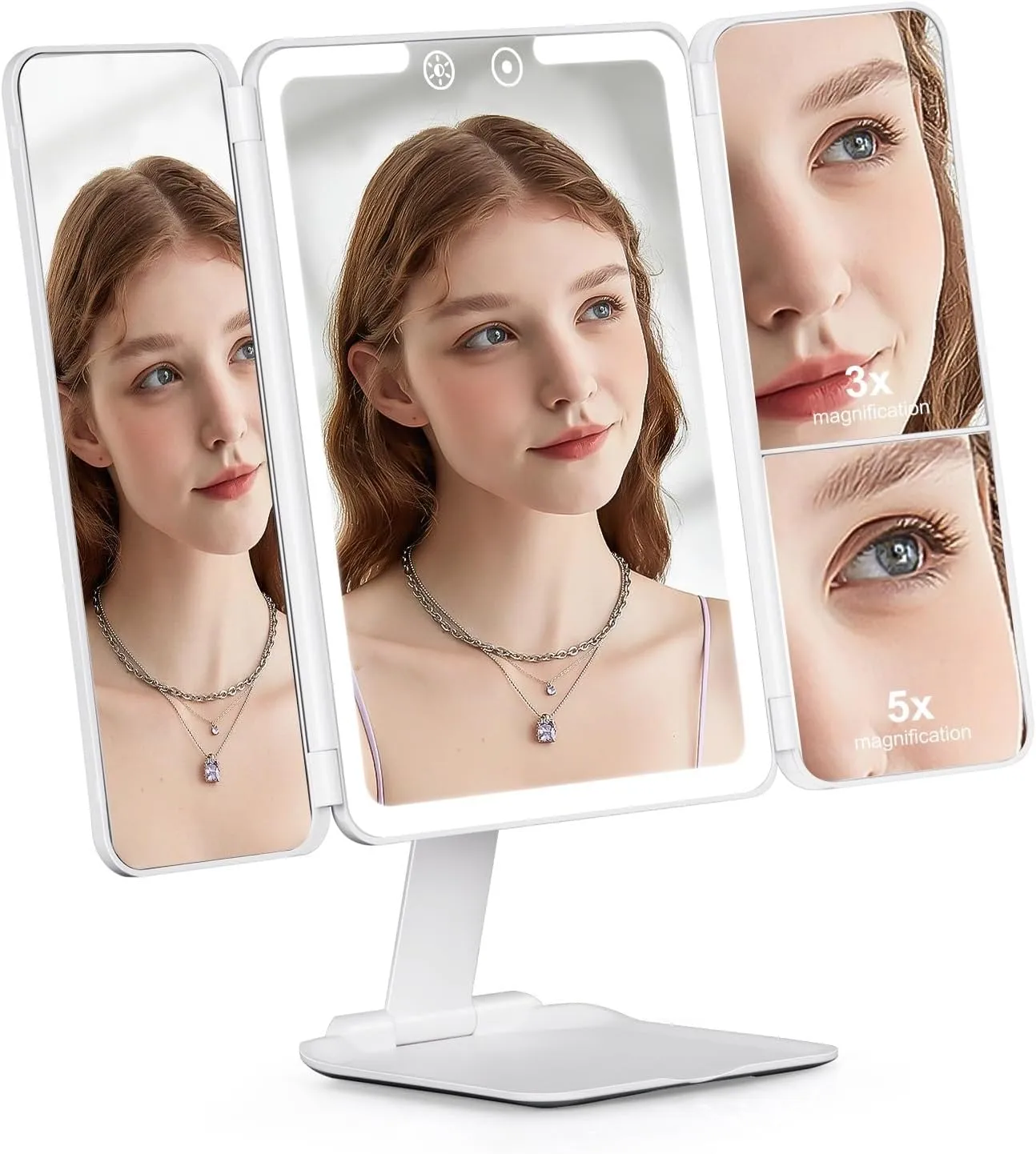Travel Makeup Mirror, Rechargeable 1X/3X/5X Magnifying Trifold Makeup Mirror with Lights, 3 Color Lights, Touch Control Lighted Vanity Compact Mirror with Foldable Stand, White
