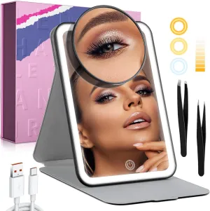 Travel Makeup Mirror with 10X Magnifying Mirror, Dimmable Vanity Mirror with 70LEDs, 3 Color Lighting, 3000 mAh USBC Rechargeable Travel Makeup Mirror, Black