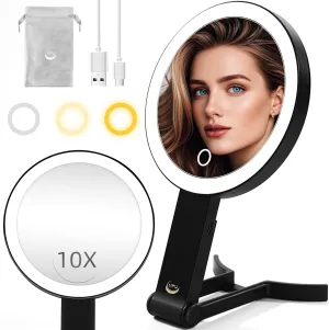 Travel Makeup Mirror with Lights, 10X /1X Double Sided Rechargeable Magnifying Vanity Mirror, Portable Compact Led Lighted Cosmetic Mirror with 3 Color Lighting Dimmable Touch Screen Desk Hand