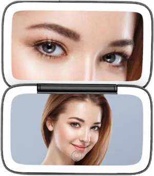 Travel Makeup Mirror with Magnification, LED Compact Mirror Portable with Light 1X/5X Magnification Dimmable 3 Colors Light Mode, Small Rechargeable 2 Sided Folding Mirror for Travel