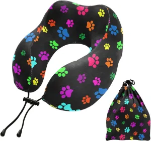 Travel Pillow for Neck Head, Color Paw Prints Abstract Animal Footprint Memory Foam Padding Sleeping Airplane Trains Cars Camping Office