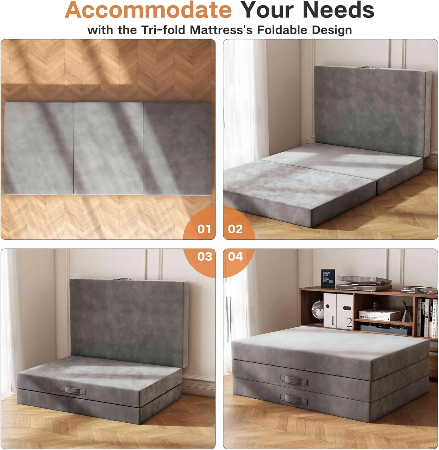 Tri-Fold Memory Foam Mattress, 4 inch Single Folding Mattress with Washable Covers, Reversible Design, Foldable Mattress Topper for Travel&Guests 75" x 25" x 4"